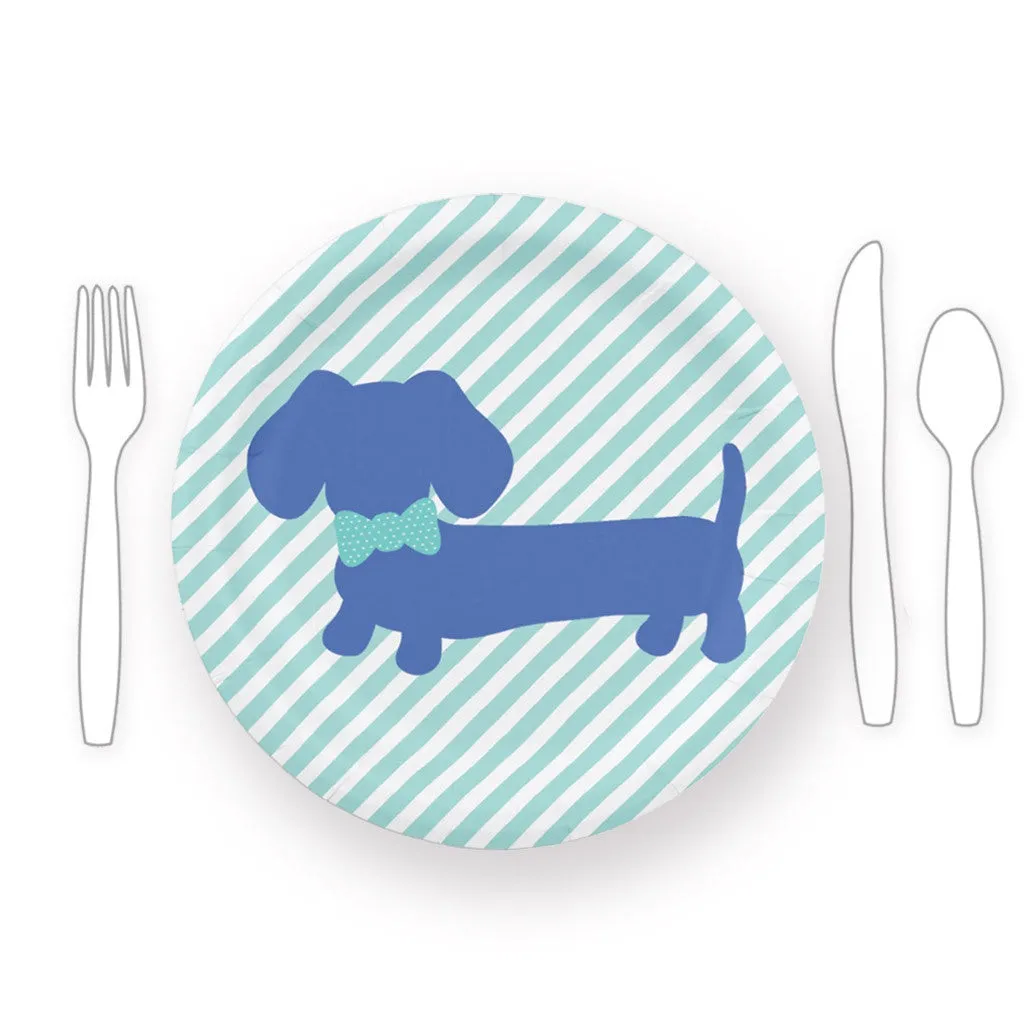 Dachshund Party Paper Plates with Blue Bow Ties