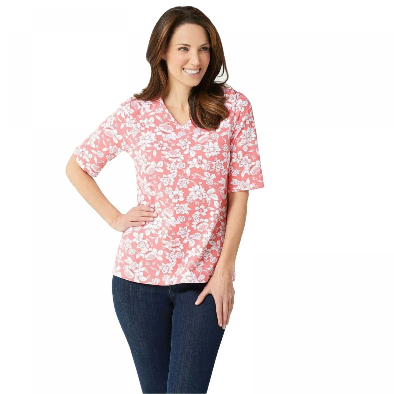 Denim & Co. Women's Floral V-Neck Elbow-Sleeve Jersey Knit Top