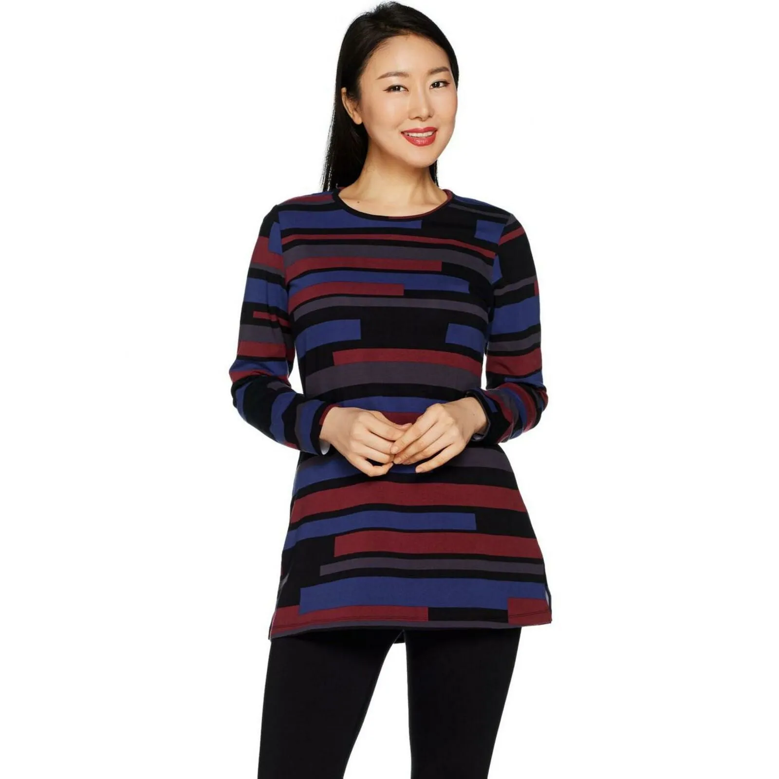 Denim & Co. Women's Striped Perfect Jersey Tunic Top Black Multi Plus 2X