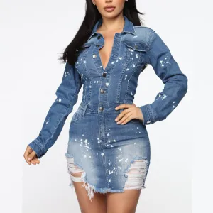 Denim Button Pocket Design Cut Out Long Sleeve Dress