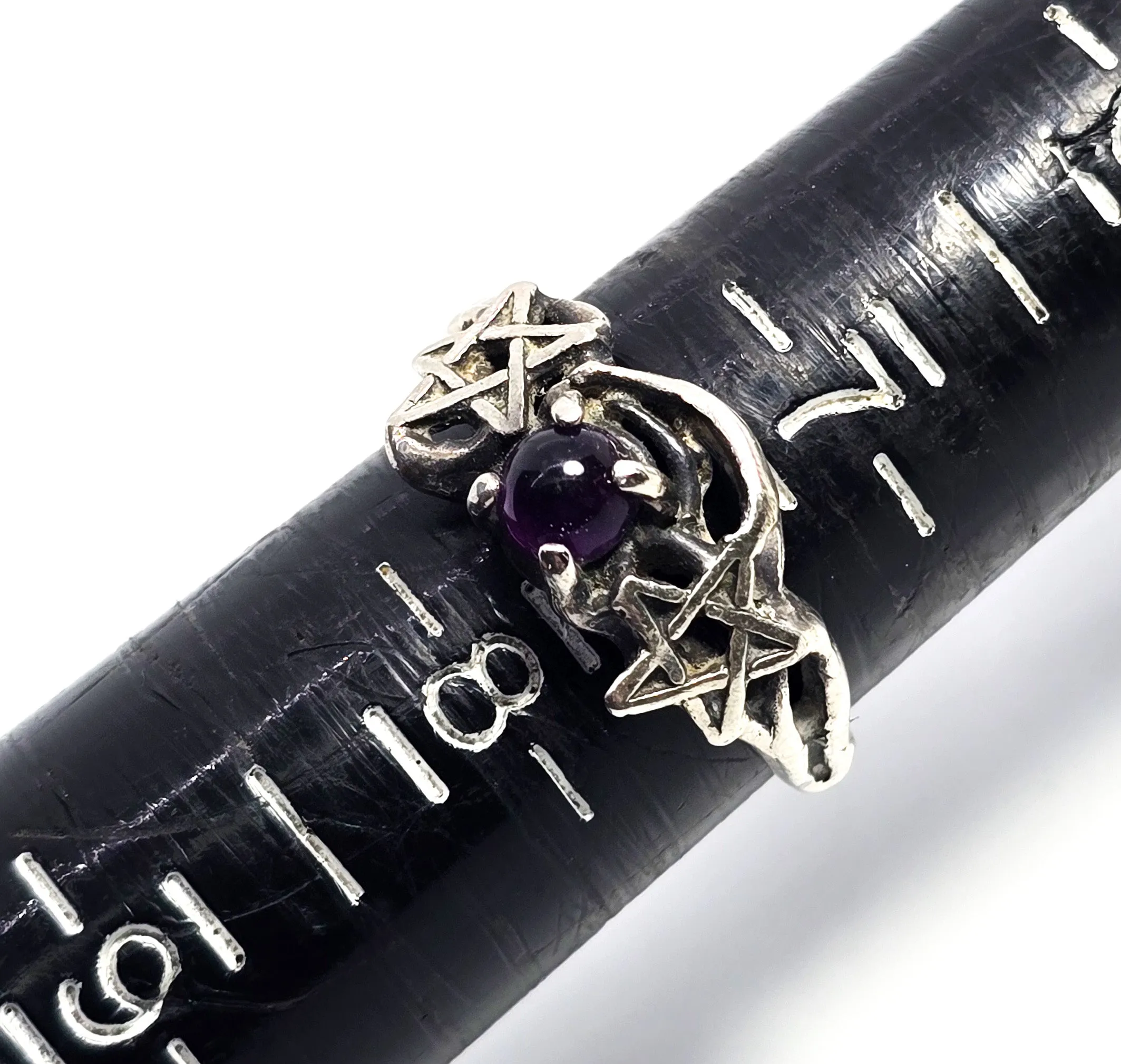 Double pentacle vintage sterling silver retro purple amethyst ring size 7.5