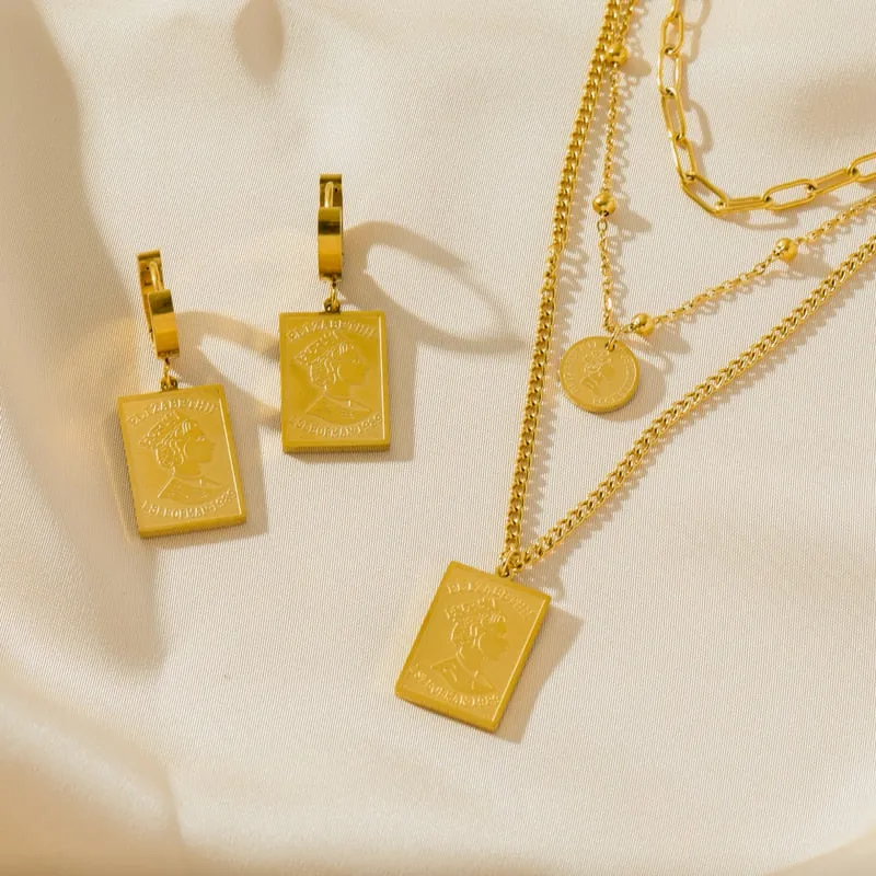 EILIECK 316L Stainless Steel Square Portrait Pendant Necklace Earrings For Women Luxury Design Gold Color Waterproof Jewelry Set