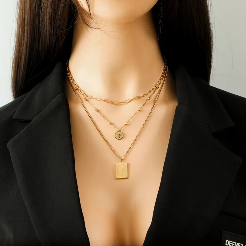 EILIECK 316L Stainless Steel Square Portrait Pendant Necklace Earrings For Women Luxury Design Gold Color Waterproof Jewelry Set