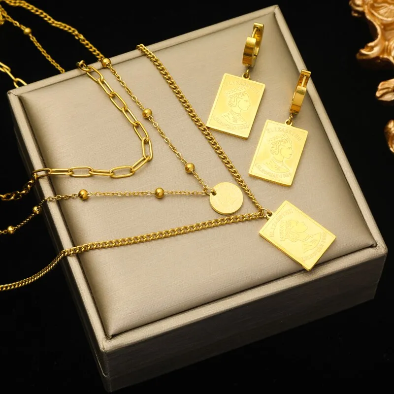 EILIECK 316L Stainless Steel Square Portrait Pendant Necklace Earrings For Women Luxury Design Gold Color Waterproof Jewelry Set