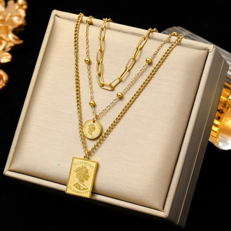 EILIECK 316L Stainless Steel Square Portrait Pendant Necklace Earrings For Women Luxury Design Gold Color Waterproof Jewelry Set