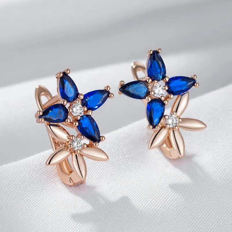 Elegant Rose Gold Crystal Flower Drop Earrings with Blue Zircon for Women – Vintage Jewelry