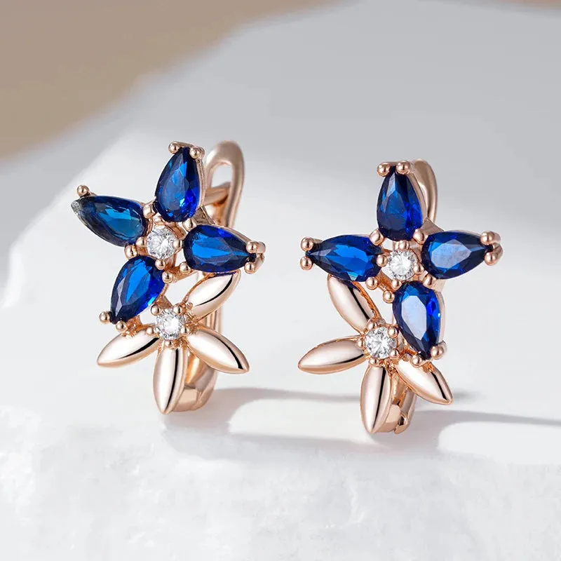 Elegant Rose Gold Crystal Flower Drop Earrings with Blue Zircon for Women – Vintage Jewelry