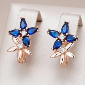 Elegant Rose Gold Crystal Flower Drop Earrings with Blue Zircon for Women – Vintage Jewelry