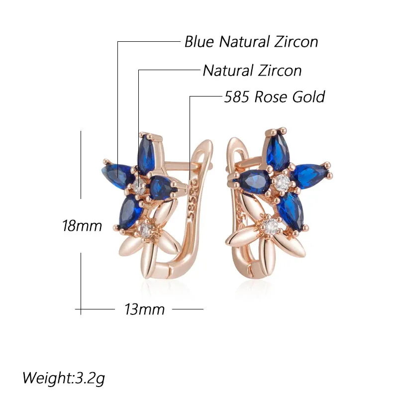 Elegant Rose Gold Crystal Flower Drop Earrings with Blue Zircon for Women – Vintage Jewelry