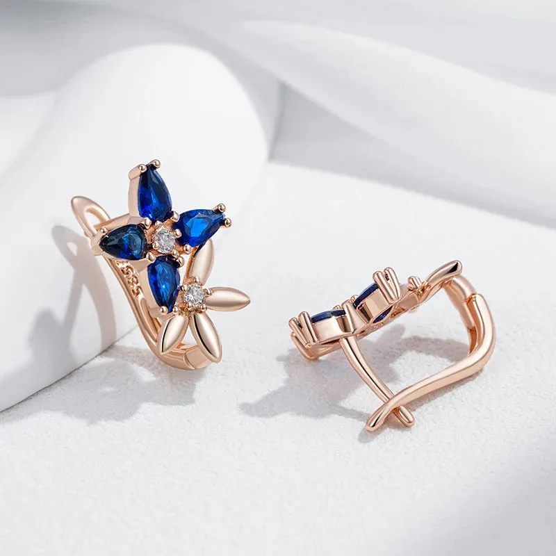 Elegant Rose Gold Crystal Flower Drop Earrings with Blue Zircon for Women – Vintage Jewelry