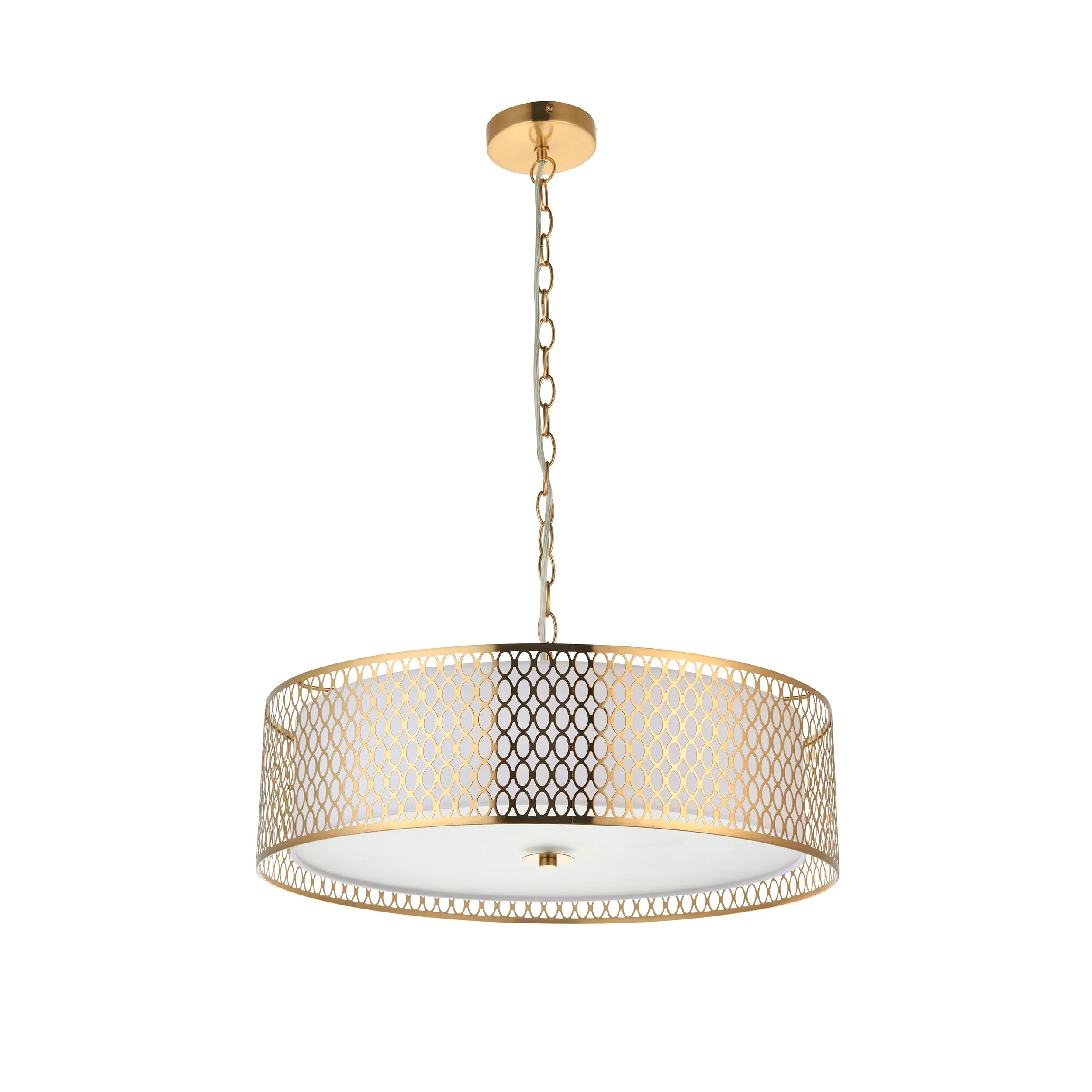Endon 101569 Cordero 3lt Pendant Gold effect plate, white fabric & frosted glass 3 x 10W LED E27 (Required)