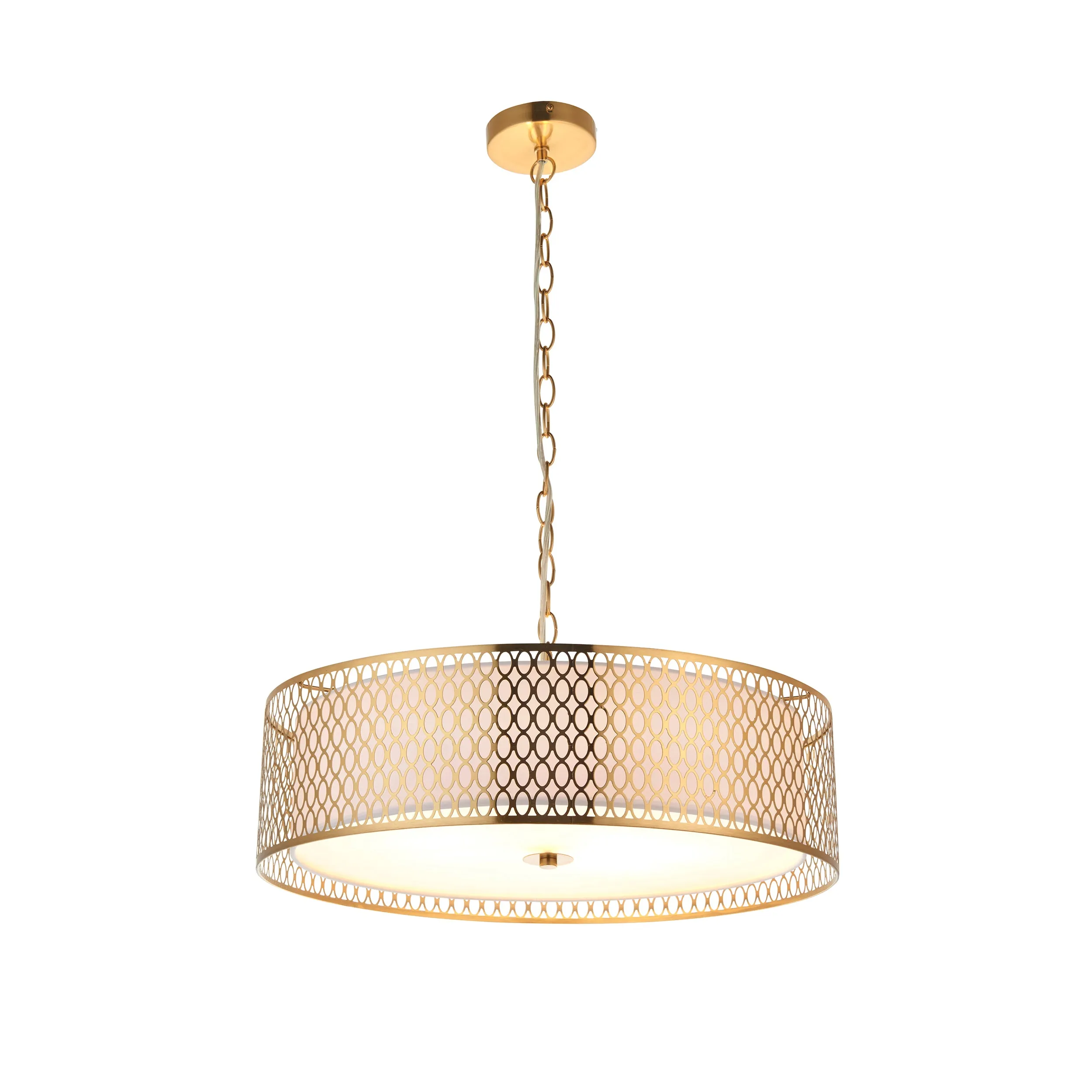 Endon 101569 Cordero 3lt Pendant Gold effect plate, white fabric & frosted glass 3 x 10W LED E27 (Required)