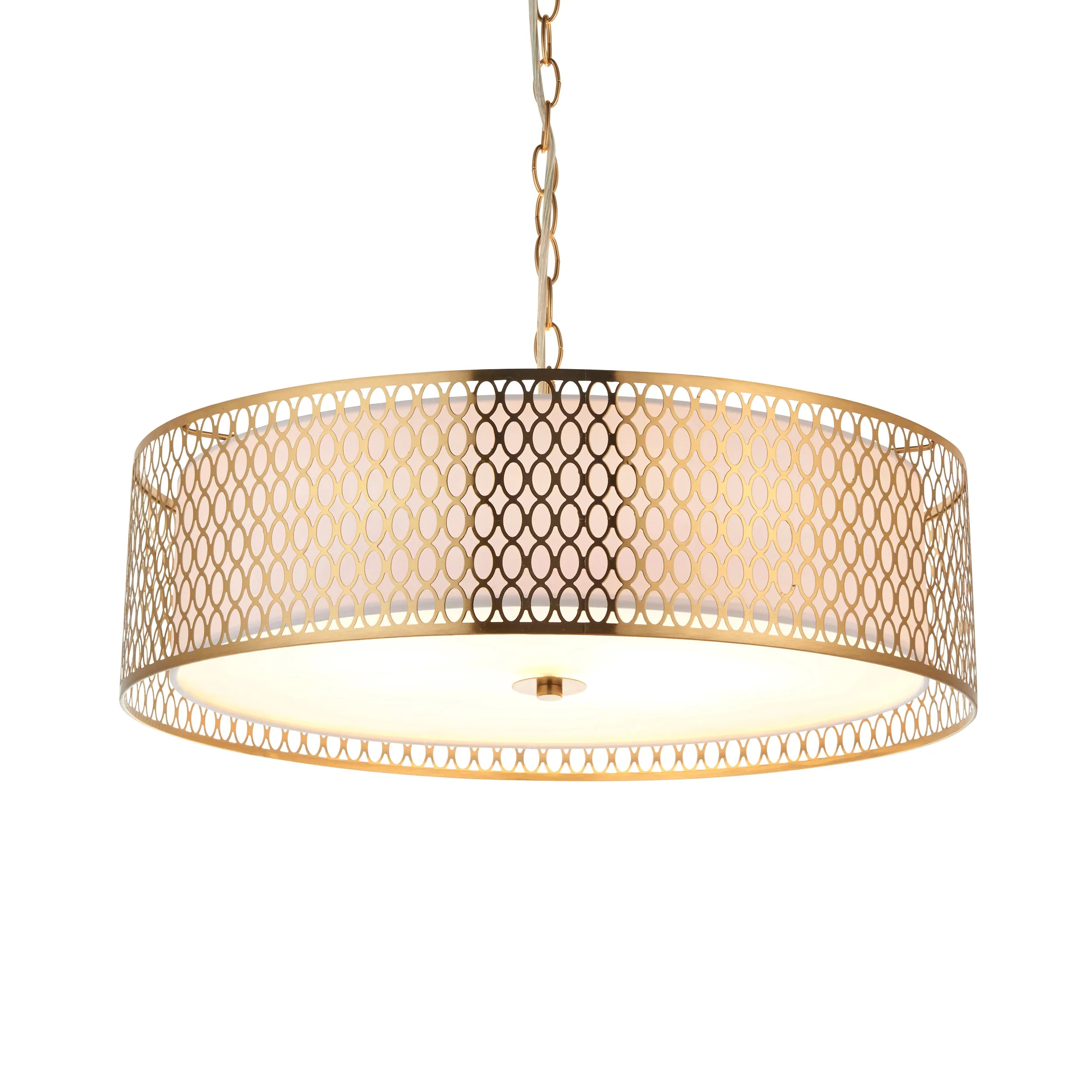 Endon 101569 Cordero 3lt Pendant Gold effect plate, white fabric & frosted glass 3 x 10W LED E27 (Required)