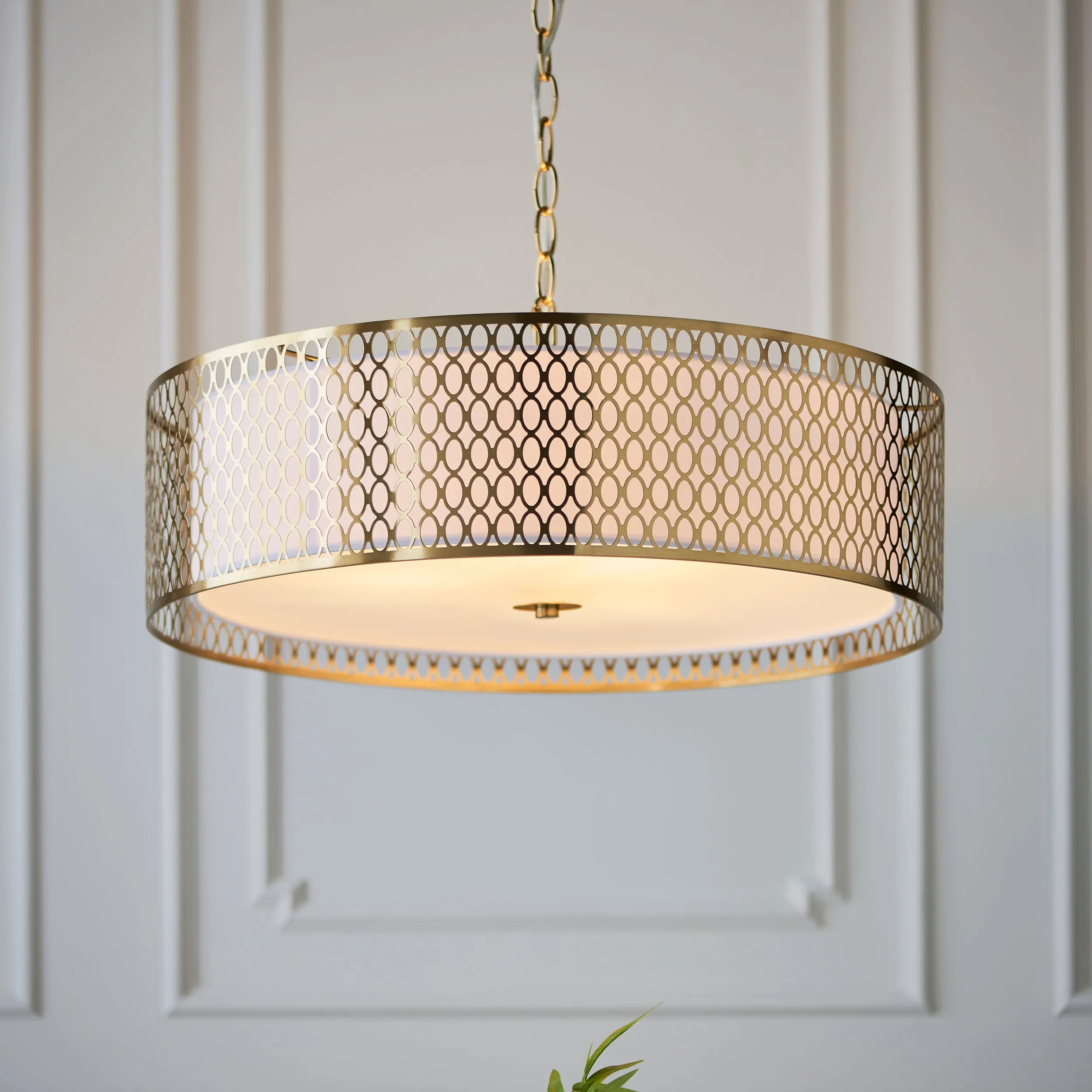 Endon 101569 Cordero 3lt Pendant Gold effect plate, white fabric & frosted glass 3 x 10W LED E27 (Required)