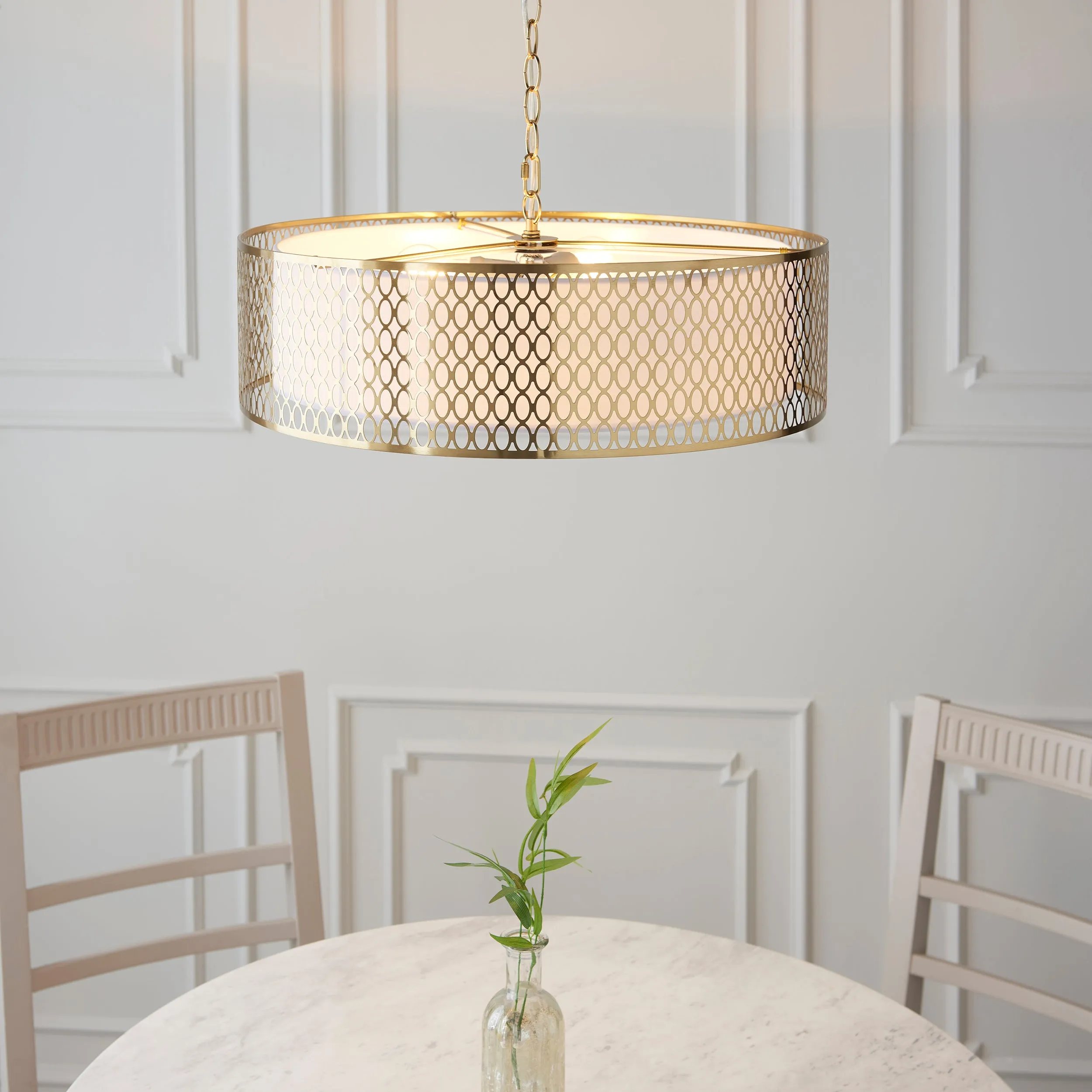 Endon 101569 Cordero 3lt Pendant Gold effect plate, white fabric & frosted glass 3 x 10W LED E27 (Required)