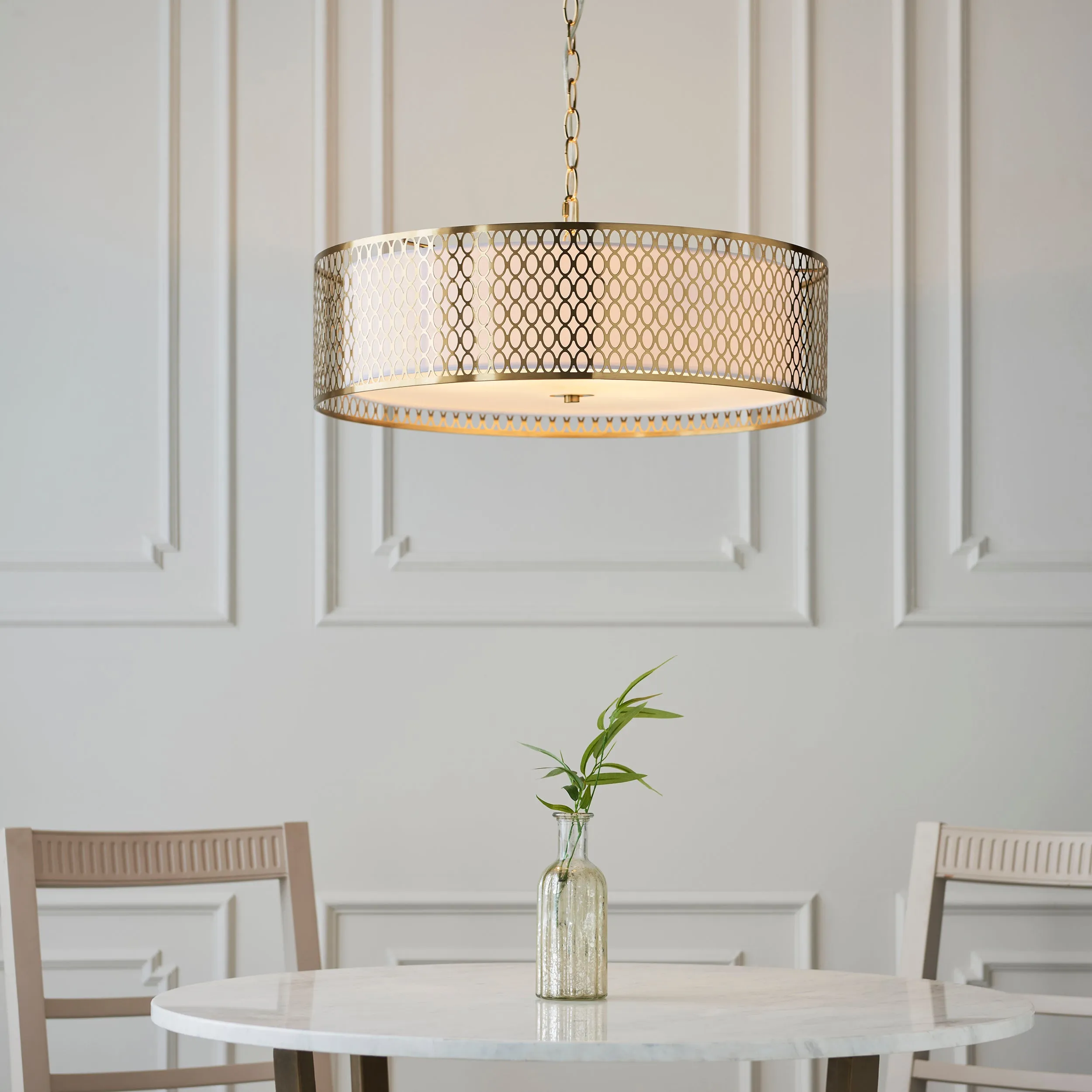 Endon 101569 Cordero 3lt Pendant Gold effect plate, white fabric & frosted glass 3 x 10W LED E27 (Required)