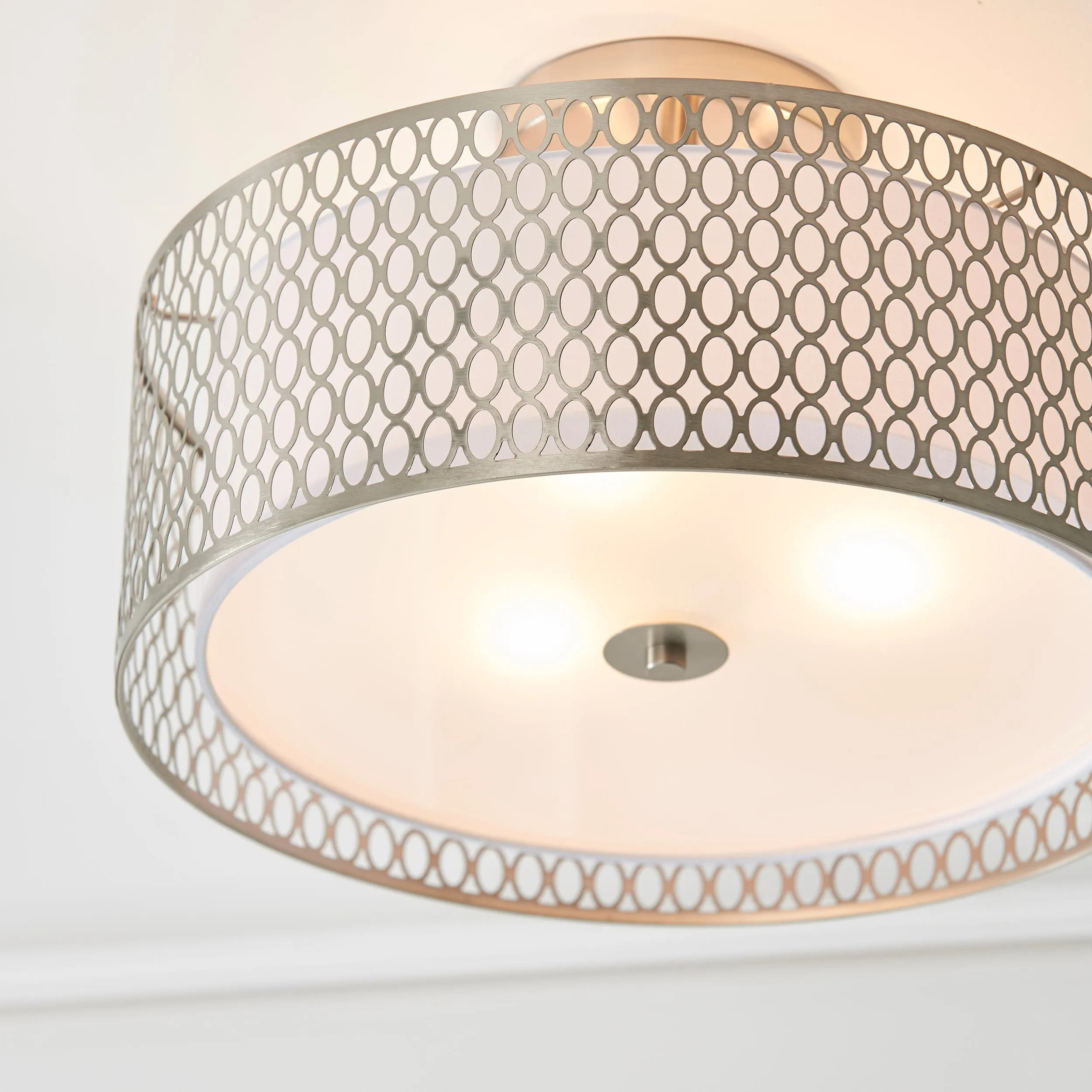Endon 81966 Cordero 3lt Flush Satin nickel plate, white fabric & frosted glass 3 x 10W LED E27 (Required)