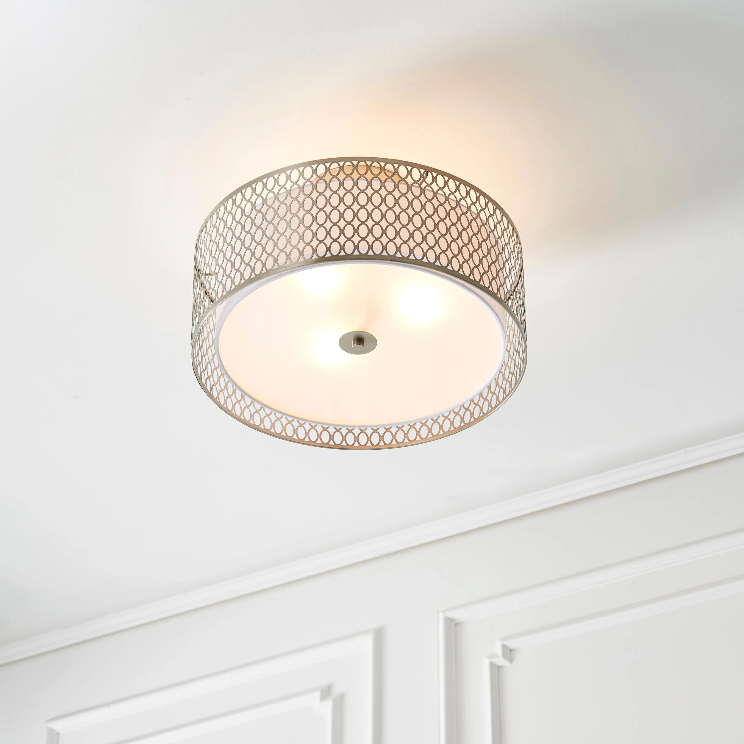 Endon 81966 Cordero 3lt Flush Satin nickel plate, white fabric & frosted glass 3 x 10W LED E27 (Required)