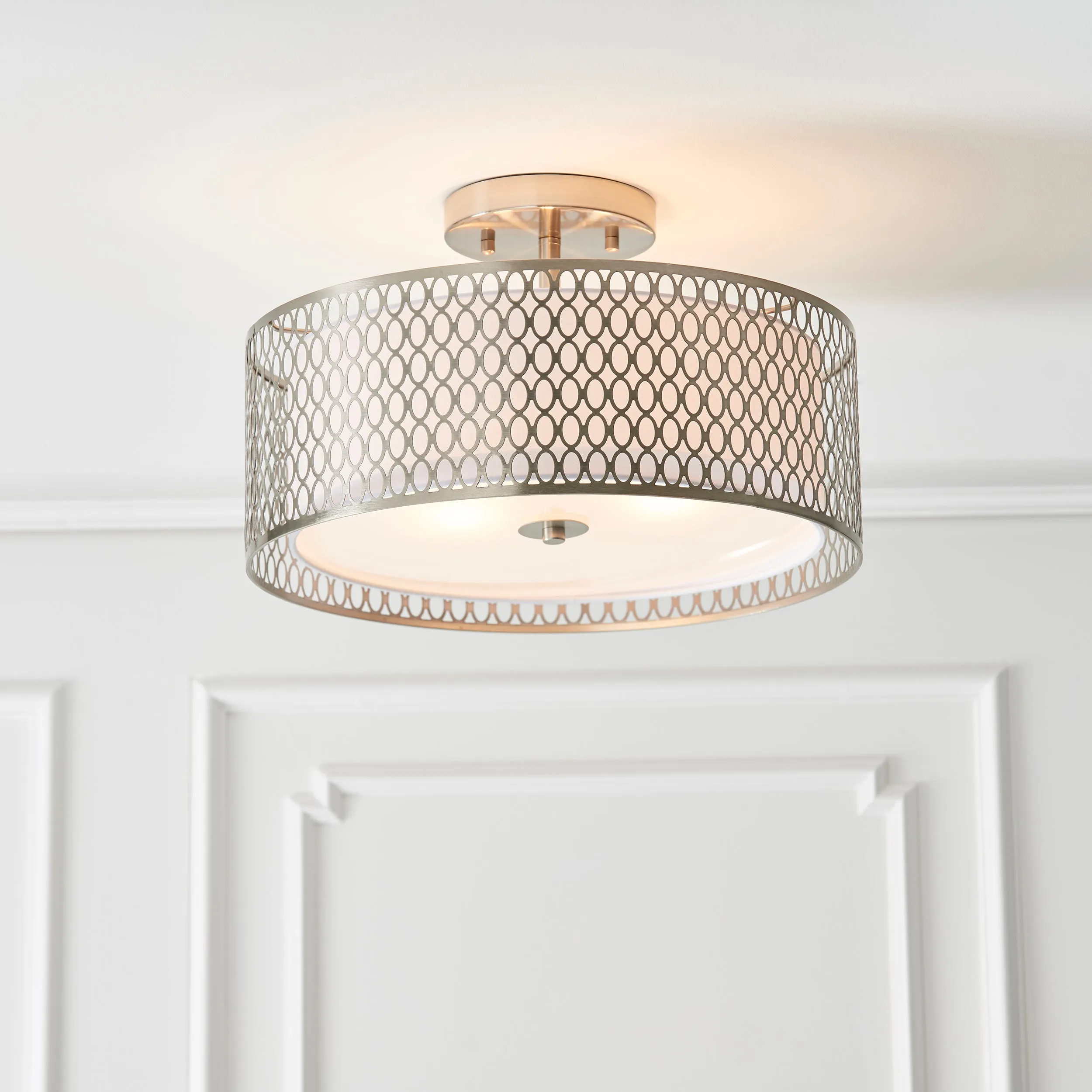 Endon 81966 Cordero 3lt Flush Satin nickel plate, white fabric & frosted glass 3 x 10W LED E27 (Required)