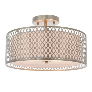 Endon 81966 Cordero 3lt Flush Satin nickel plate, white fabric & frosted glass 3 x 10W LED E27 (Required)