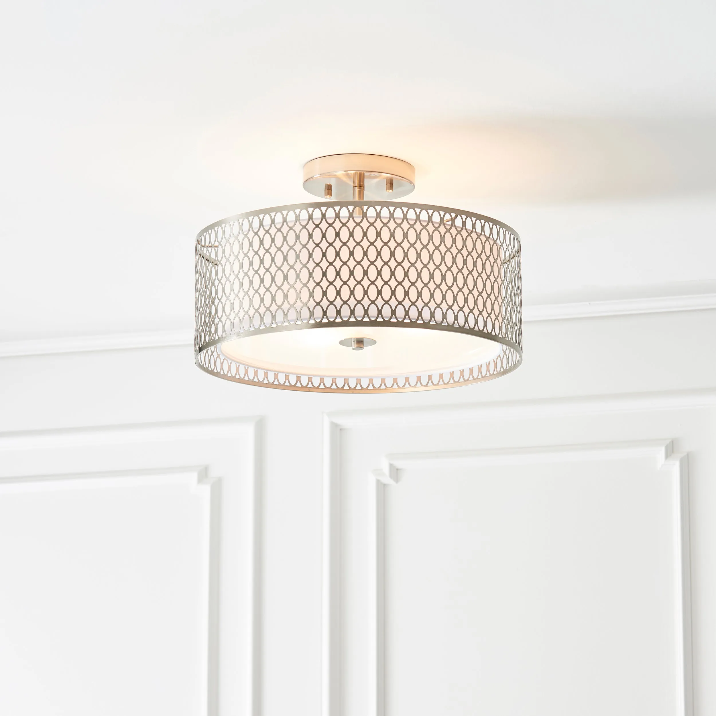 Endon 81966 Cordero 3lt Flush Satin nickel plate, white fabric & frosted glass 3 x 10W LED E27 (Required)