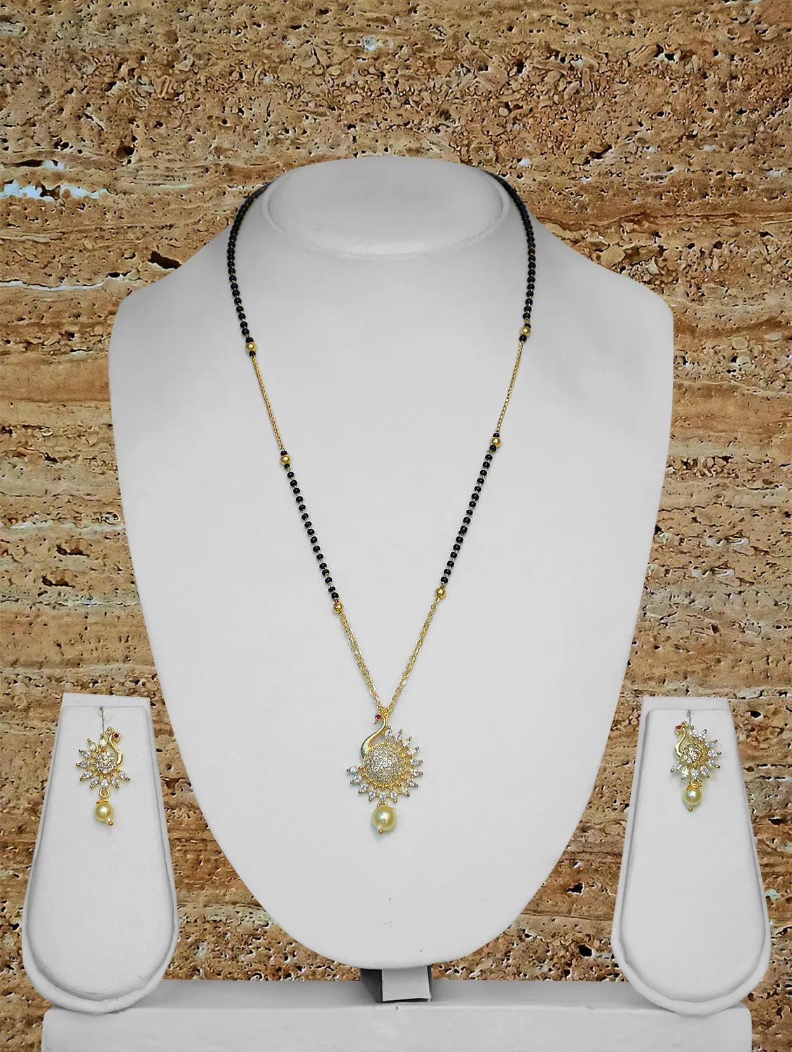 Fancy Short Mangalsutra Peacock Designs Gold Plated Chain AD Stud Pendant Pearl Latkan With Earring