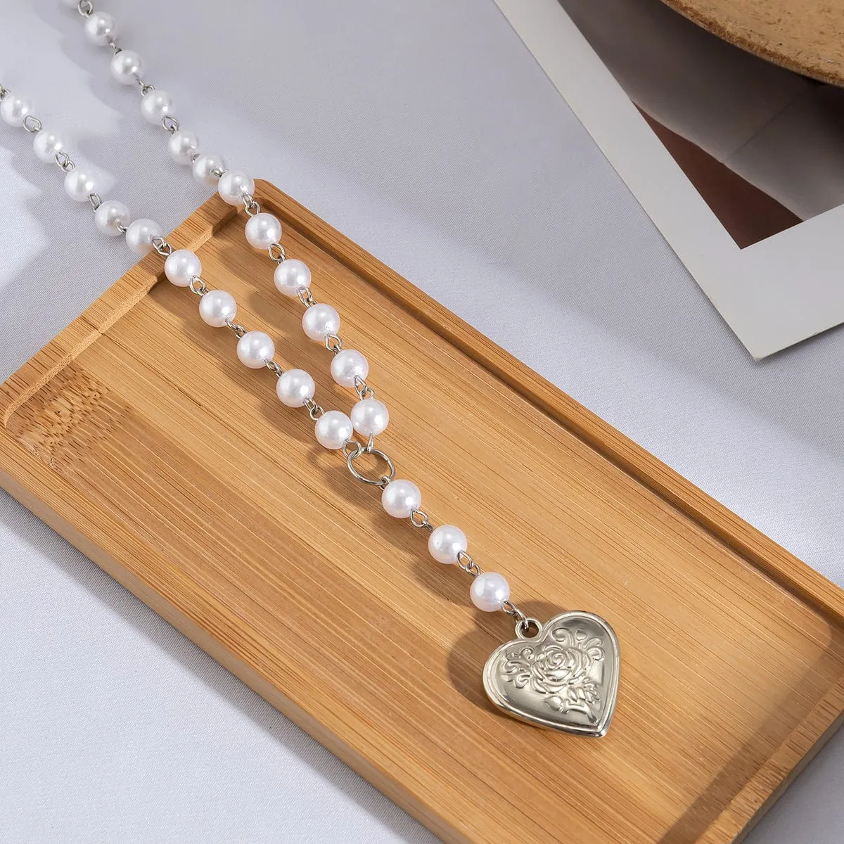 Floral Heart Pendant Pearl Chain Y Necklace