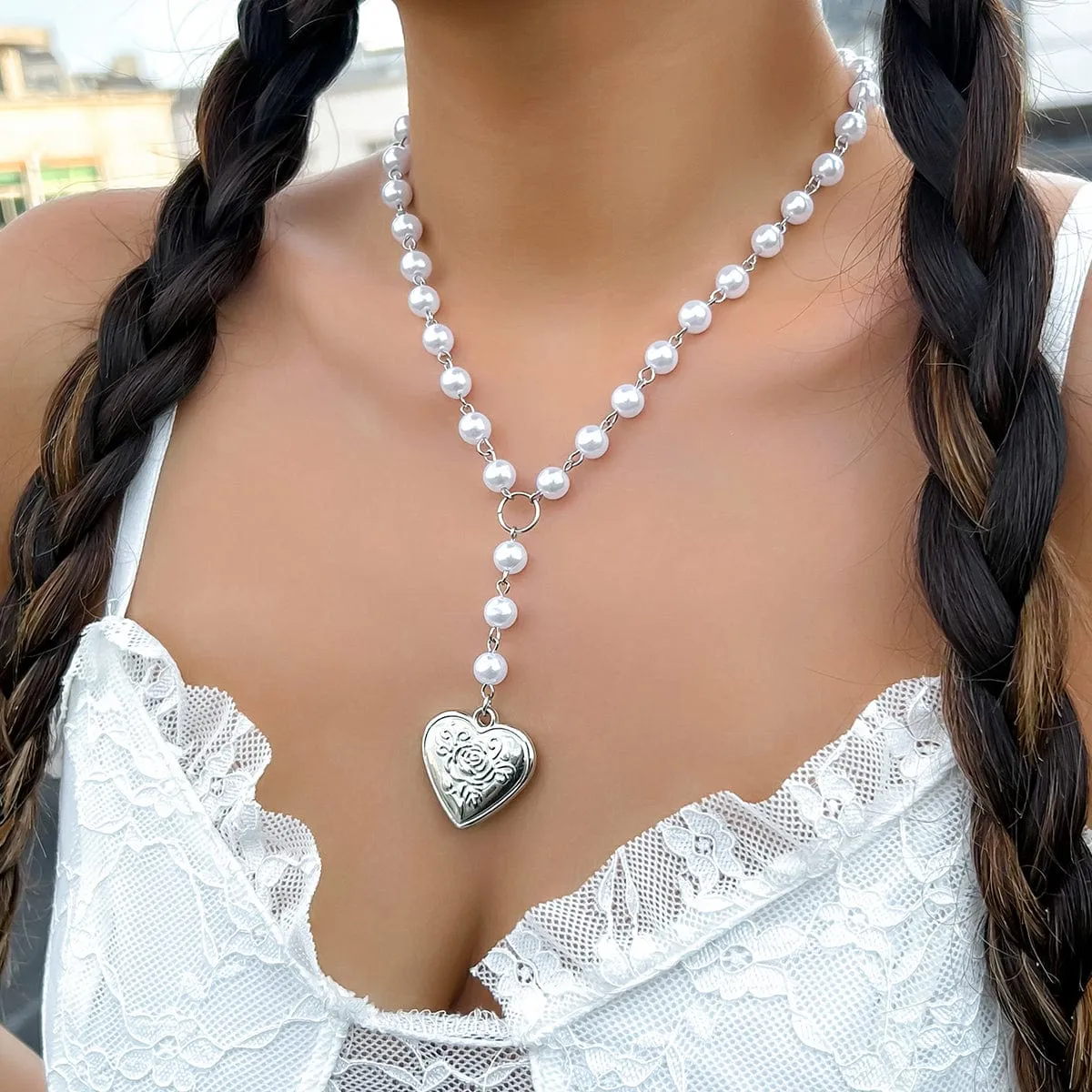Floral Heart Pendant Pearl Chain Y Necklace