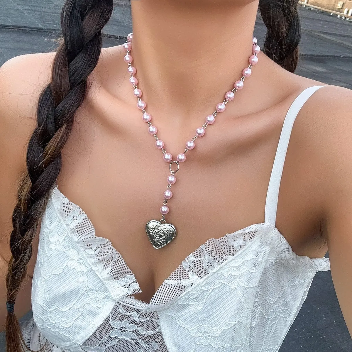 Floral Heart Pendant Pearl Chain Y Necklace