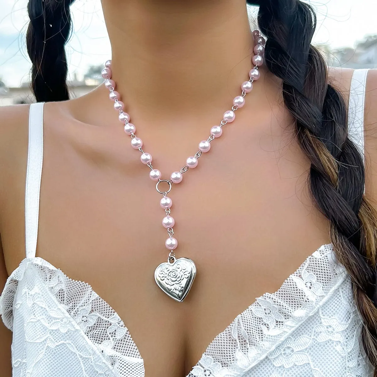 Floral Heart Pendant Pearl Chain Y Necklace