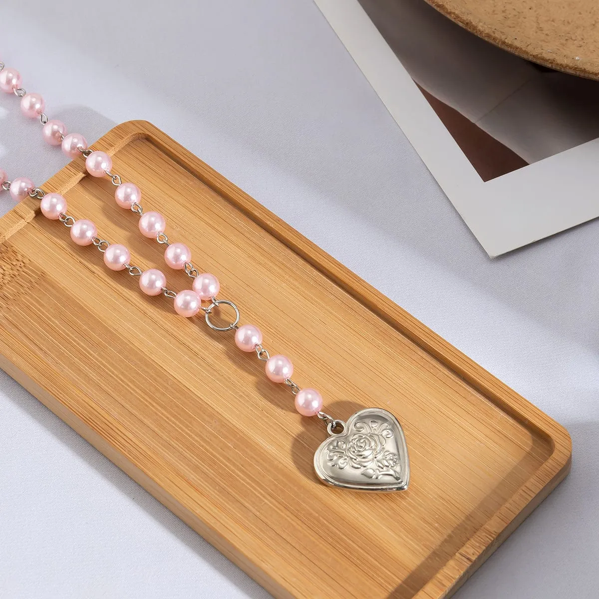 Floral Heart Pendant Pearl Chain Y Necklace