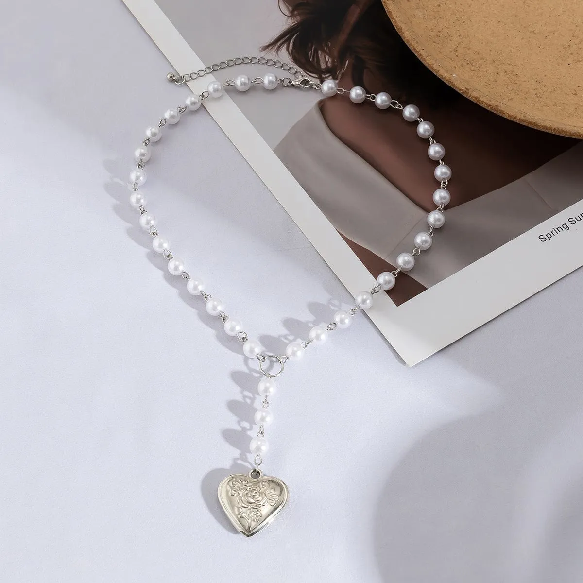 Floral Heart Pendant Pearl Chain Y Necklace