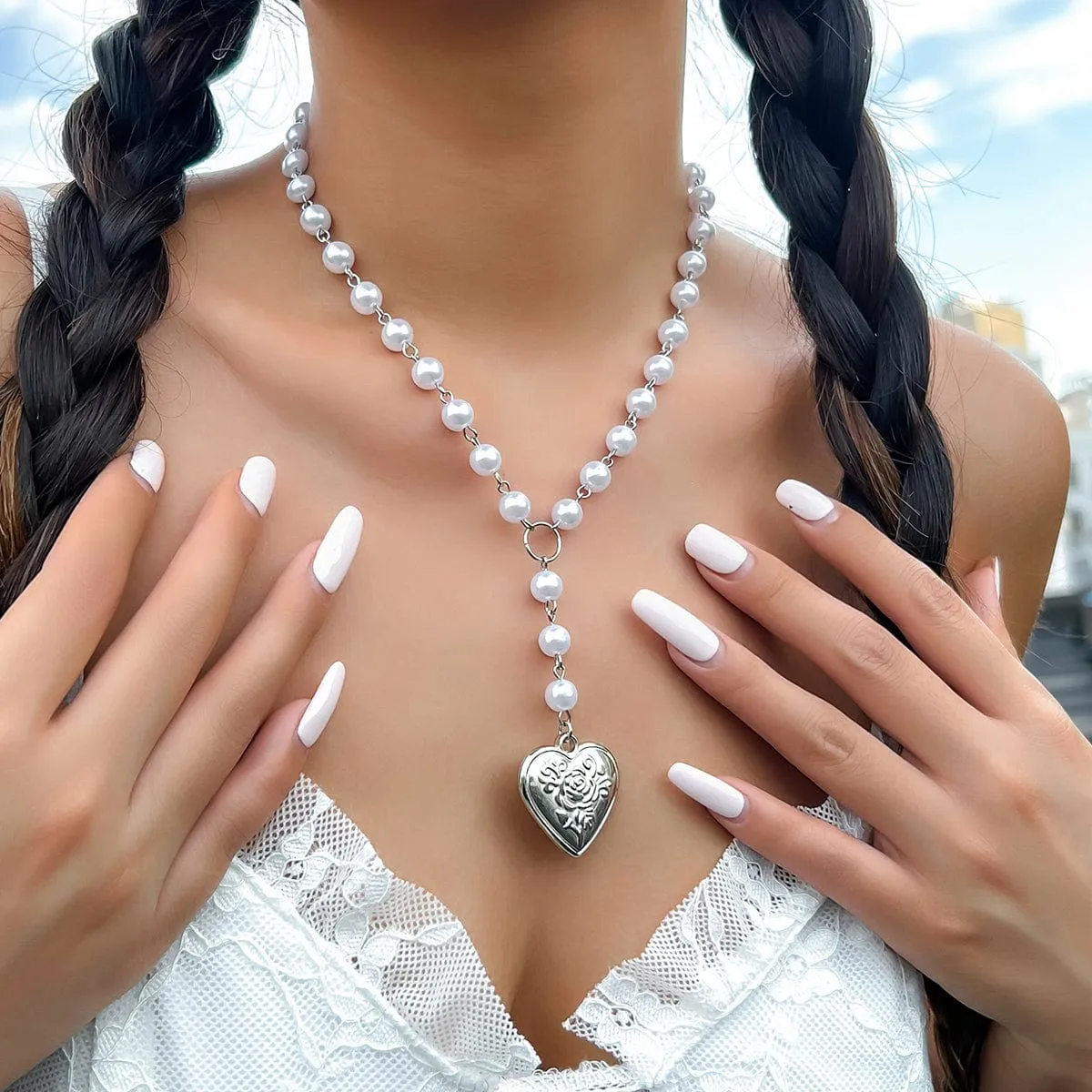 Floral Heart Pendant Pearl Chain Y Necklace