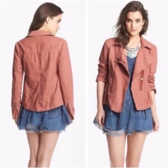 Free People Rosewood Linen Blend Moto Jacket Dusty Rose Casual Size Medium