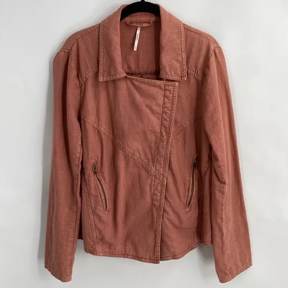 Free People Rosewood Linen Blend Moto Jacket Dusty Rose Casual Size Medium