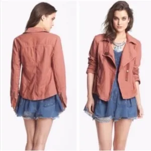 Free People Rosewood Linen Blend Moto Jacket Dusty Rose Casual Size Medium