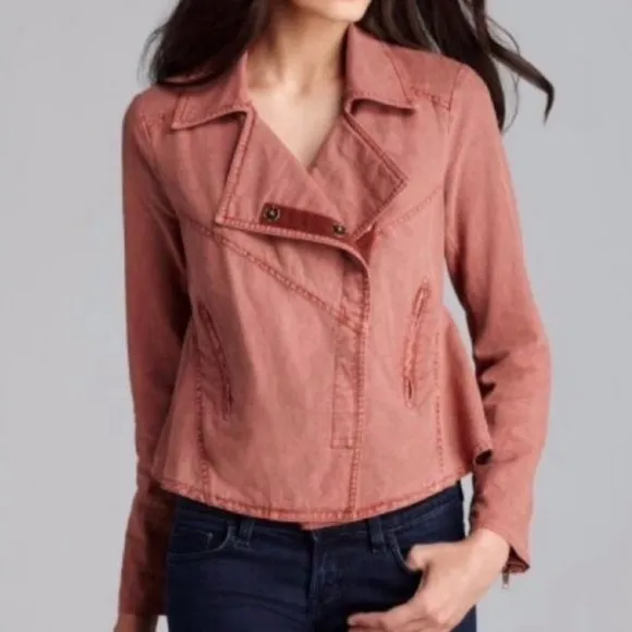 Free People Rosewood Linen Blend Moto Jacket Dusty Rose Casual Size Medium