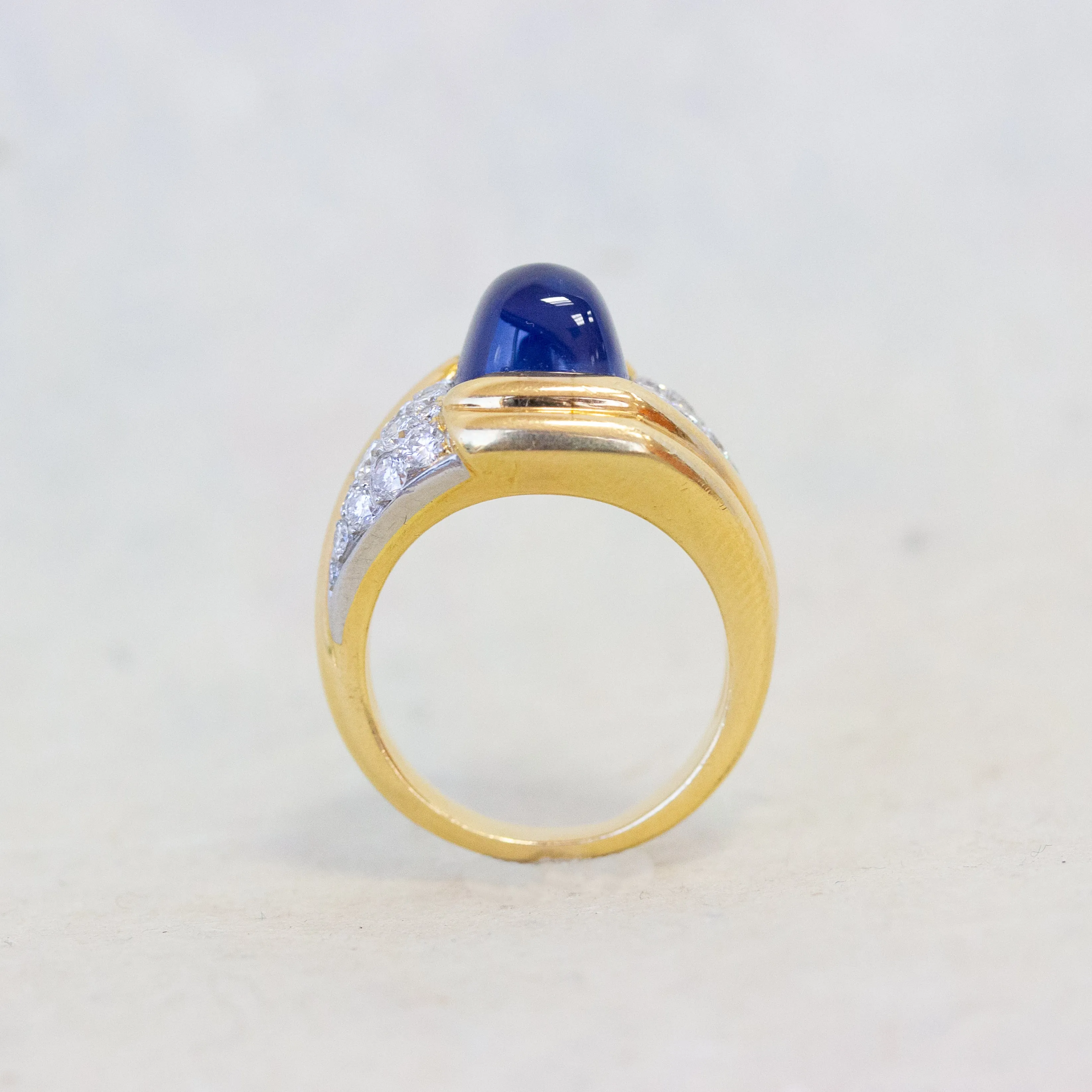 French Sapphire Cabochon & Diamond Pave Cocktail Ring, 18k
