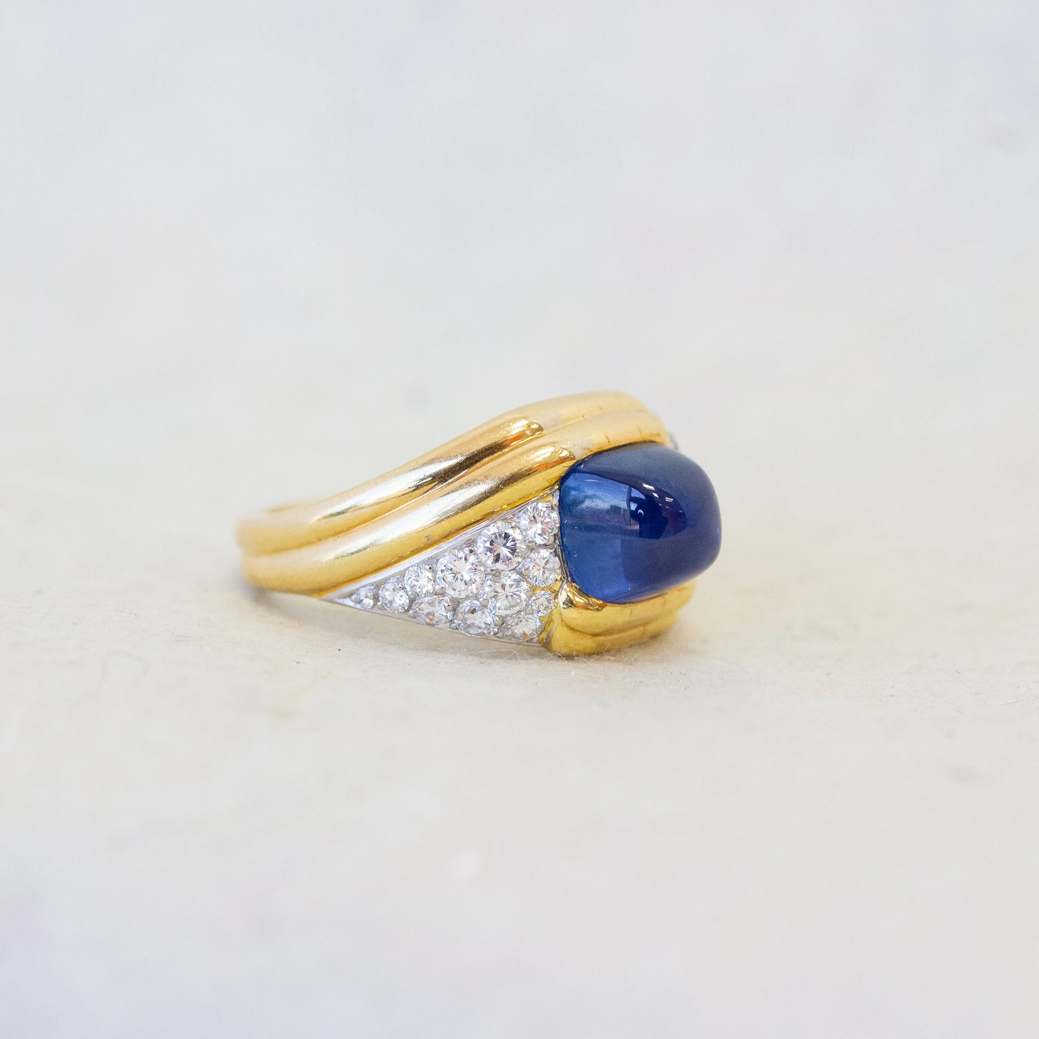 French Sapphire Cabochon & Diamond Pave Cocktail Ring, 18k