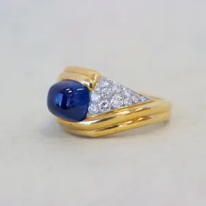 French Sapphire Cabochon & Diamond Pave Cocktail Ring, 18k