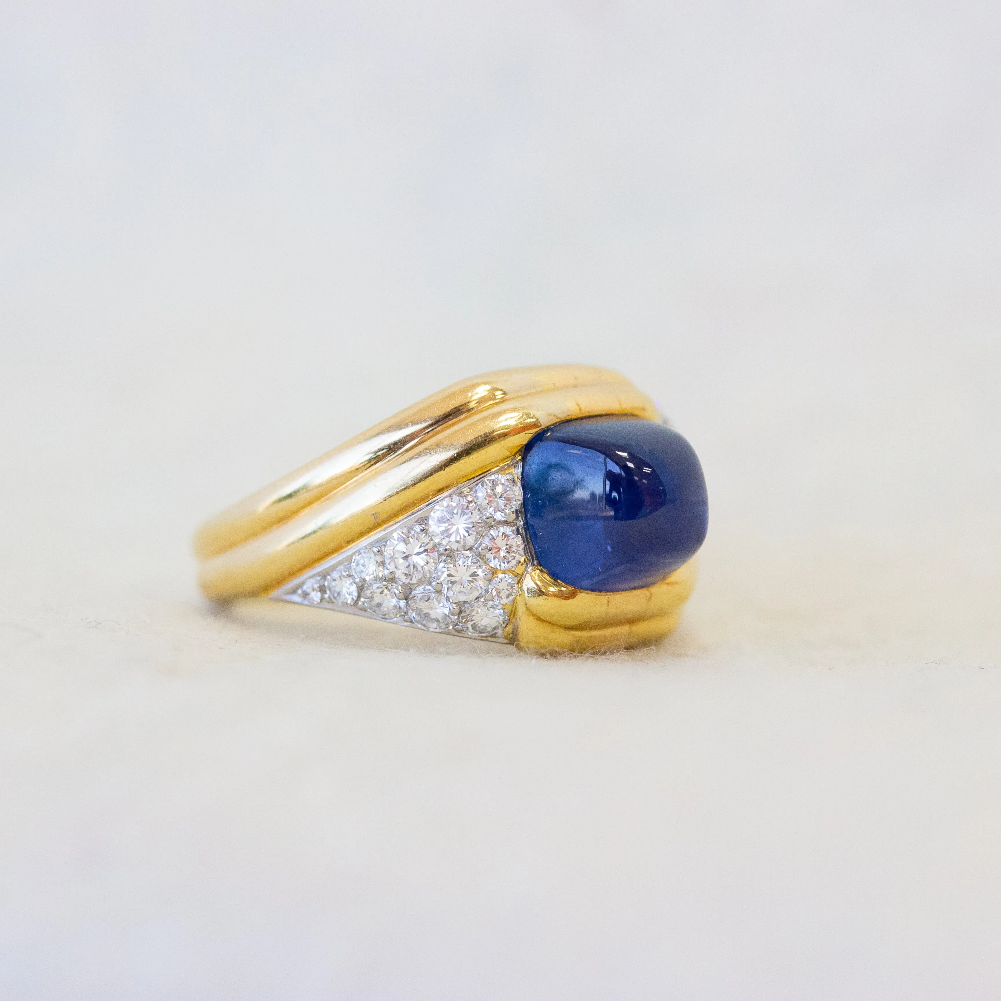 French Sapphire Cabochon & Diamond Pave Cocktail Ring, 18k