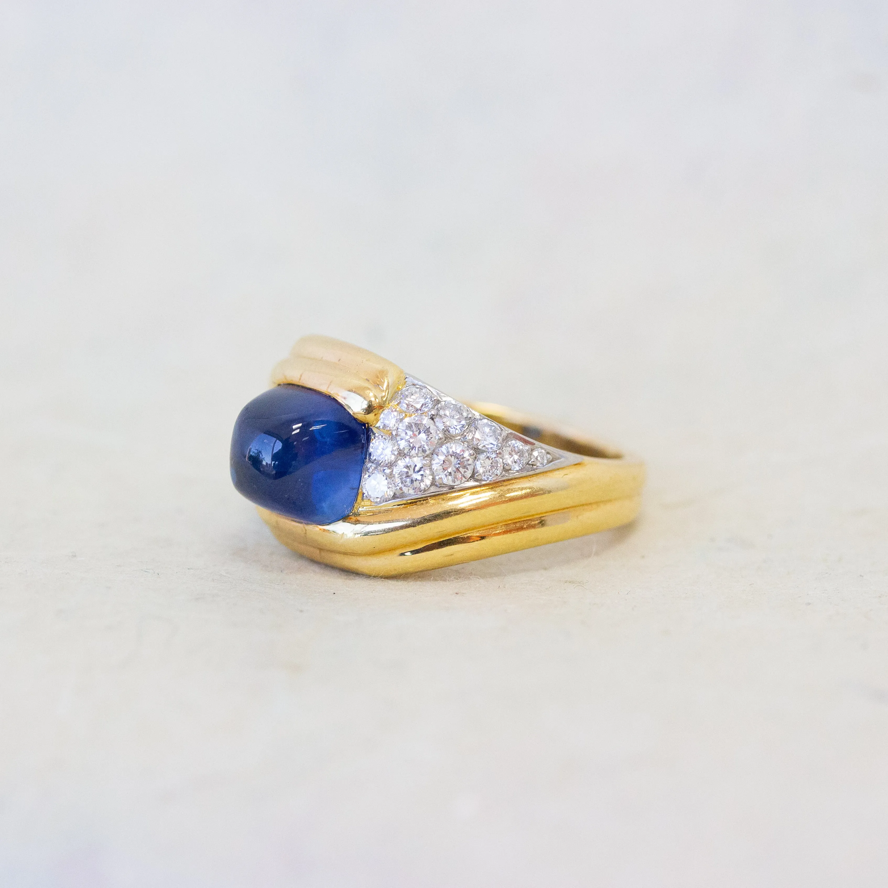 French Sapphire Cabochon & Diamond Pave Cocktail Ring, 18k