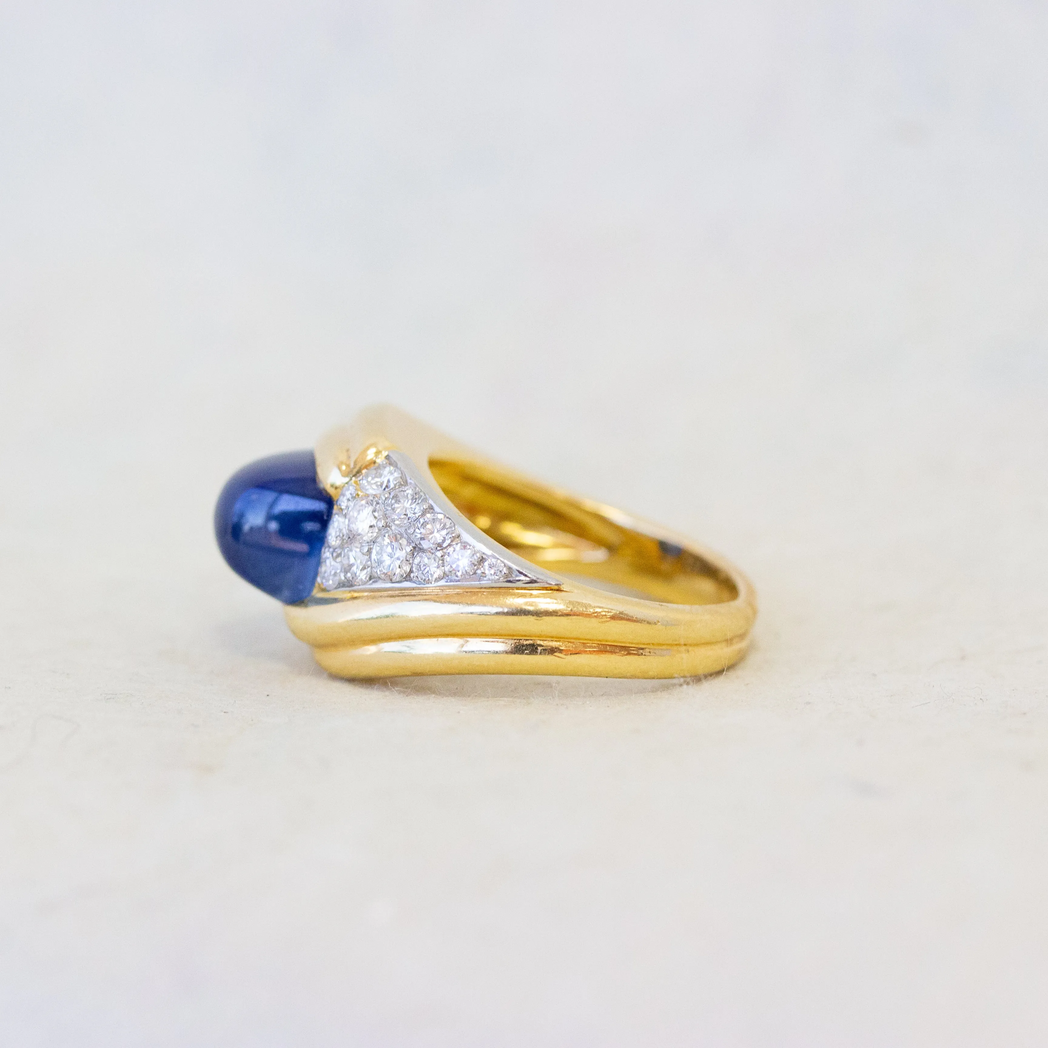 French Sapphire Cabochon & Diamond Pave Cocktail Ring, 18k