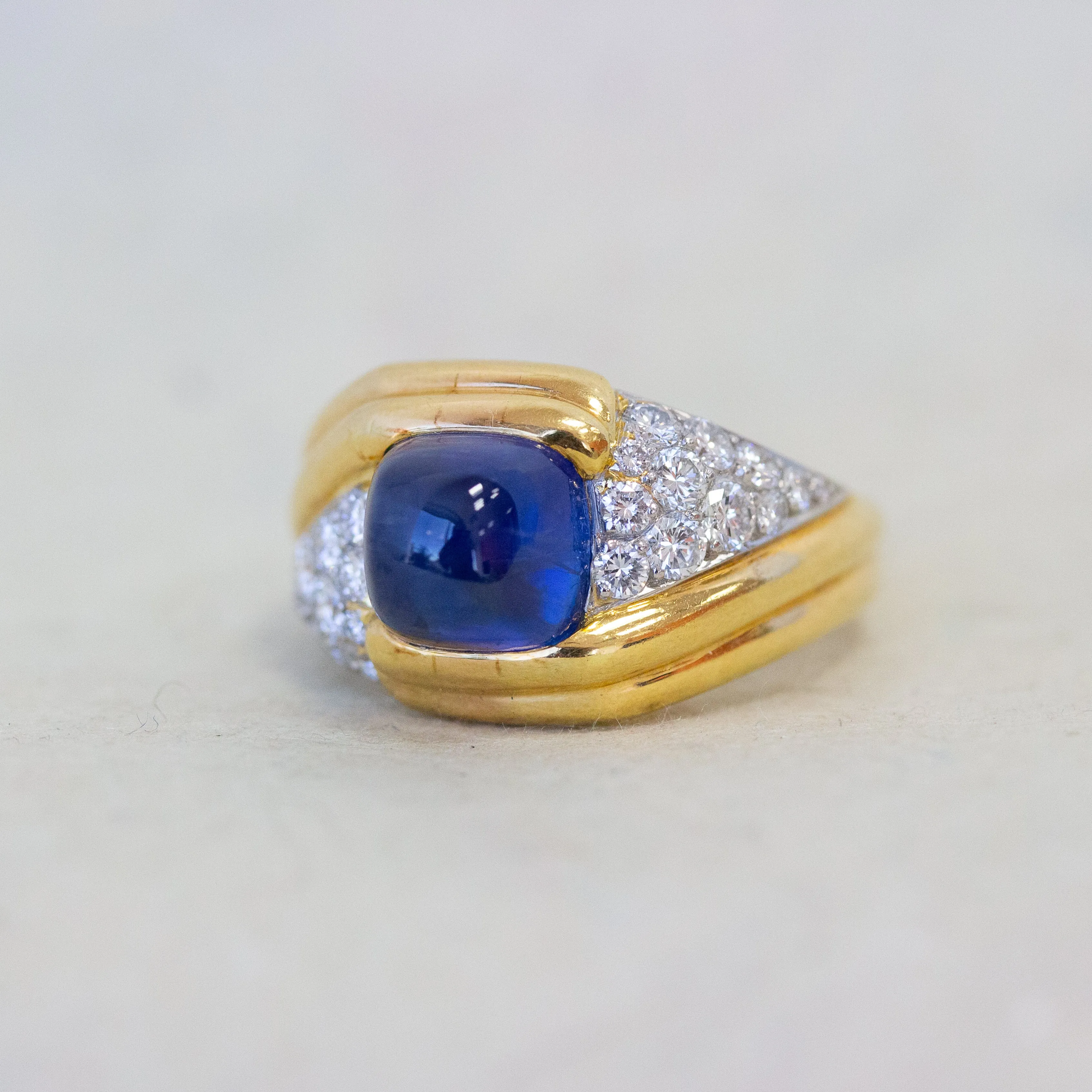 French Sapphire Cabochon & Diamond Pave Cocktail Ring, 18k