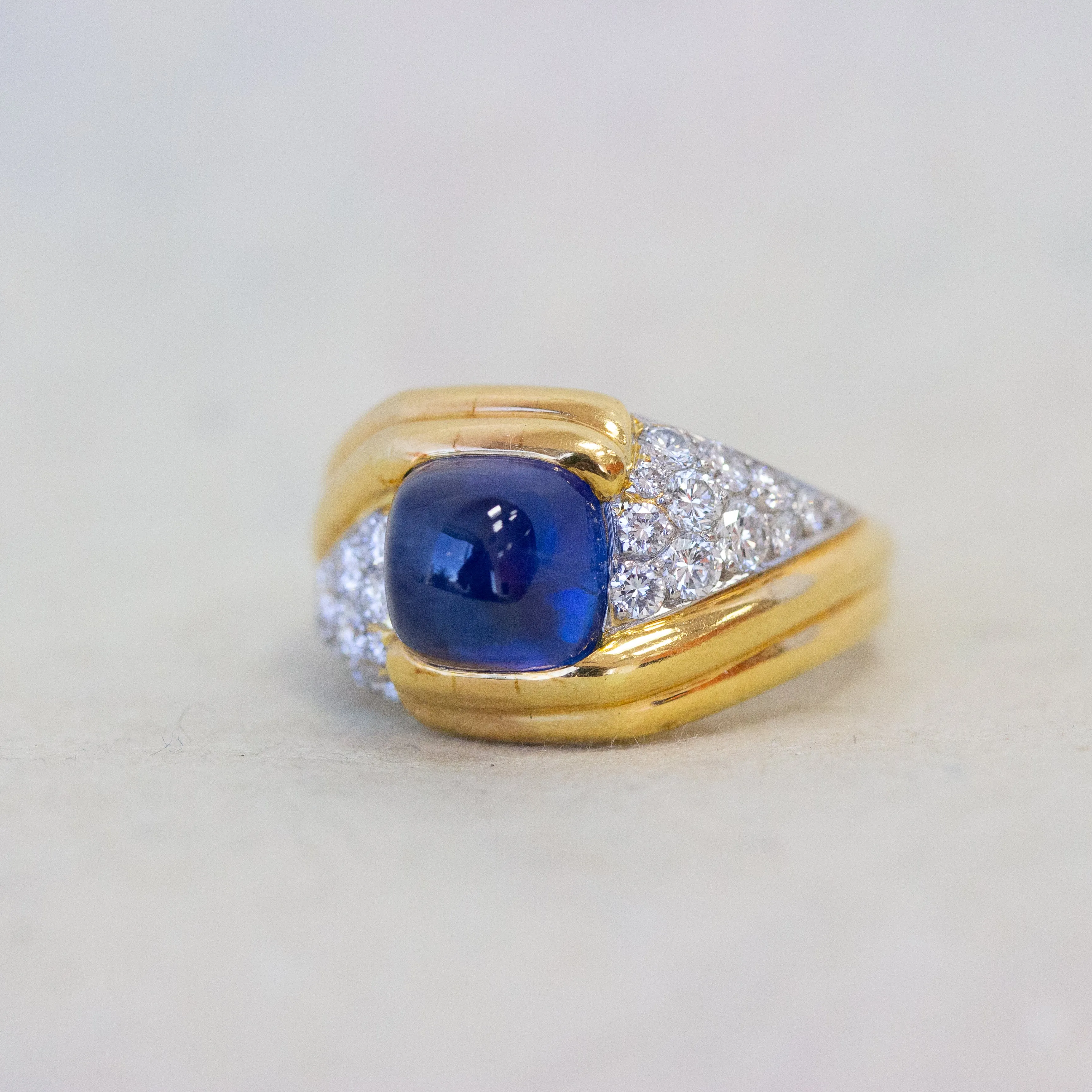 French Sapphire Cabochon & Diamond Pave Cocktail Ring, 18k