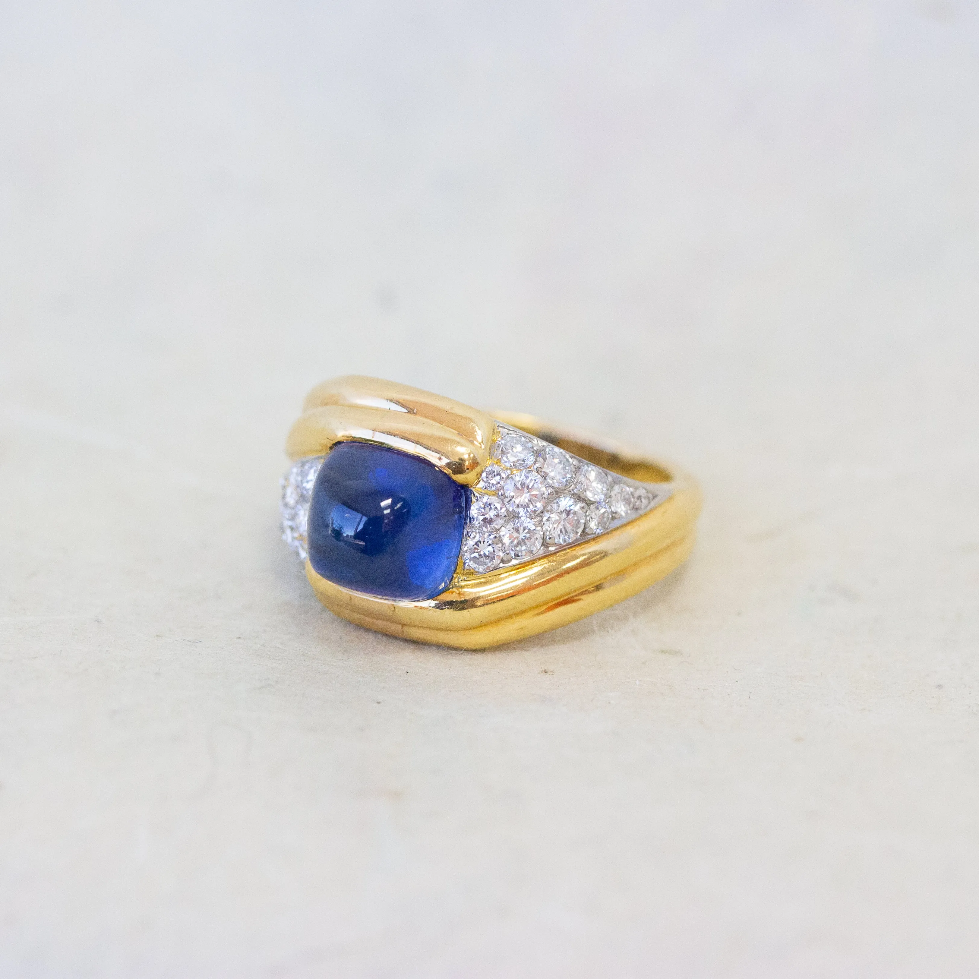 French Sapphire Cabochon & Diamond Pave Cocktail Ring, 18k