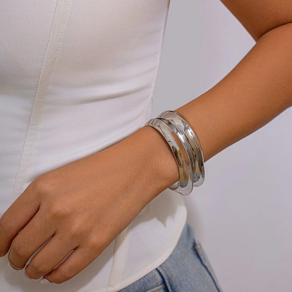 Geometric Irregular Arc Open Wide Cuff Bangle Bracelet
