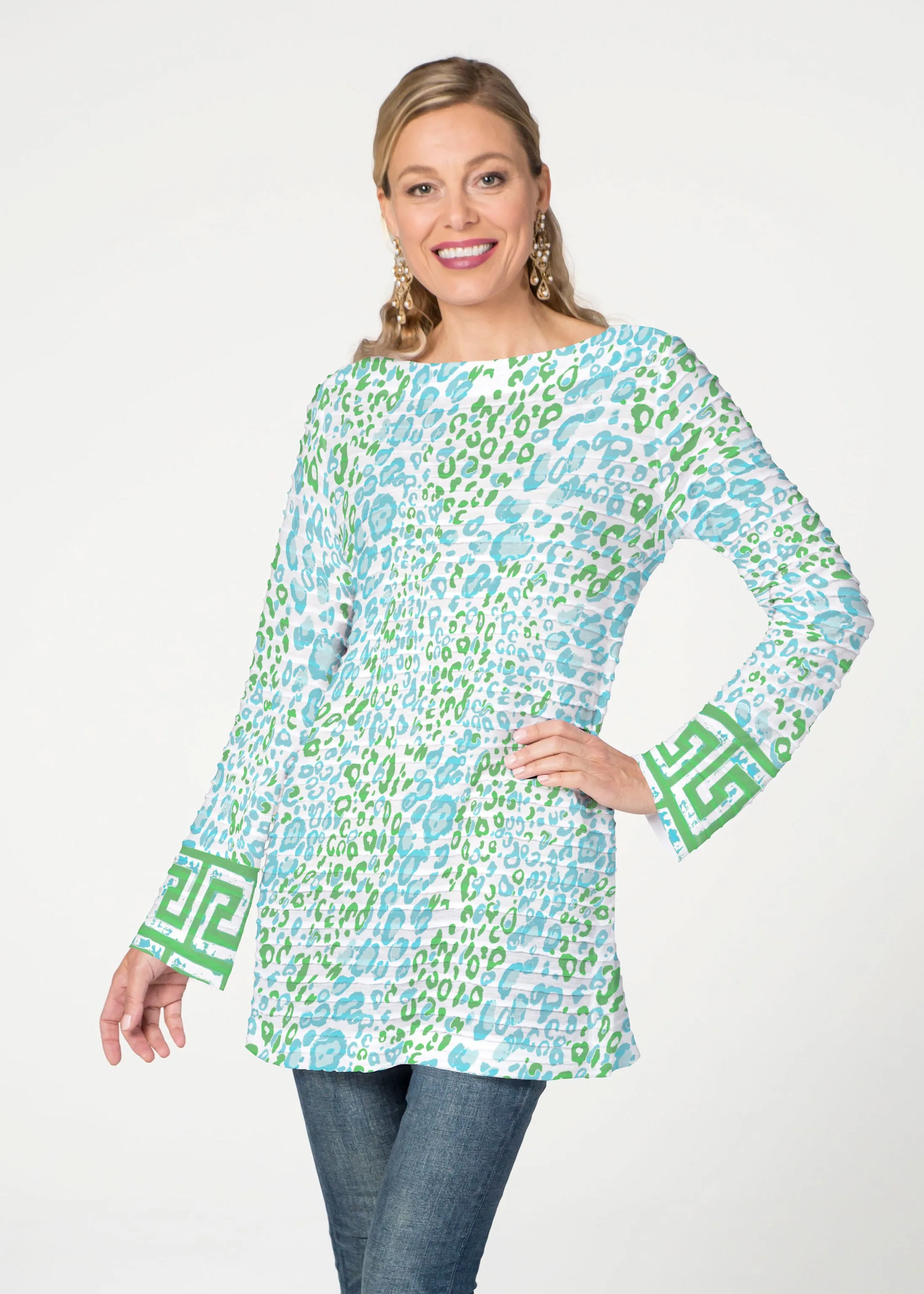 Greek Cat Green (7913) ~ Banded Boatneck Tunic