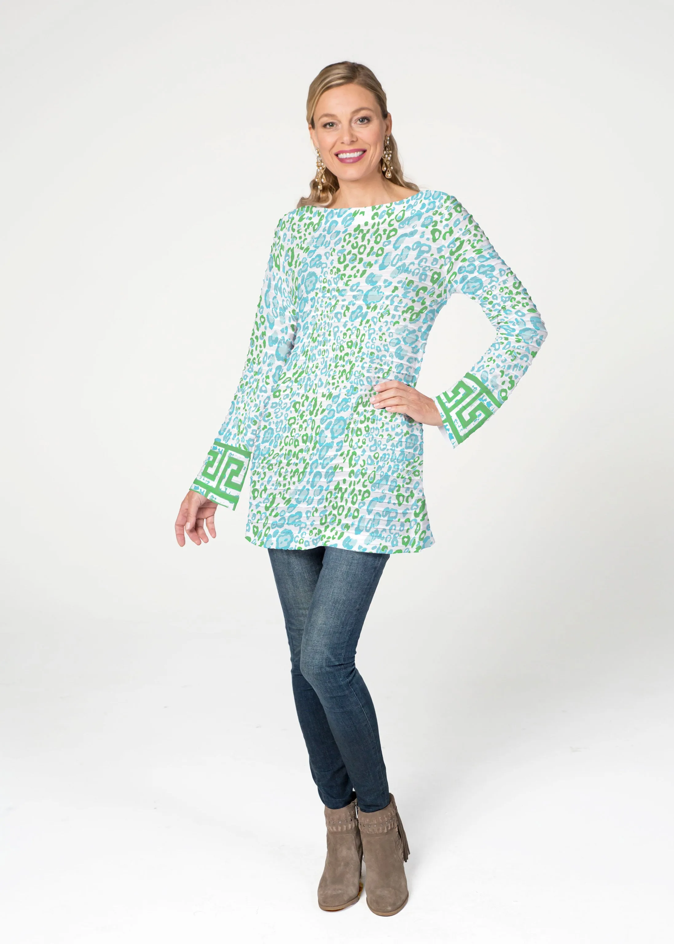 Greek Cat Green (7913) ~ Banded Boatneck Tunic