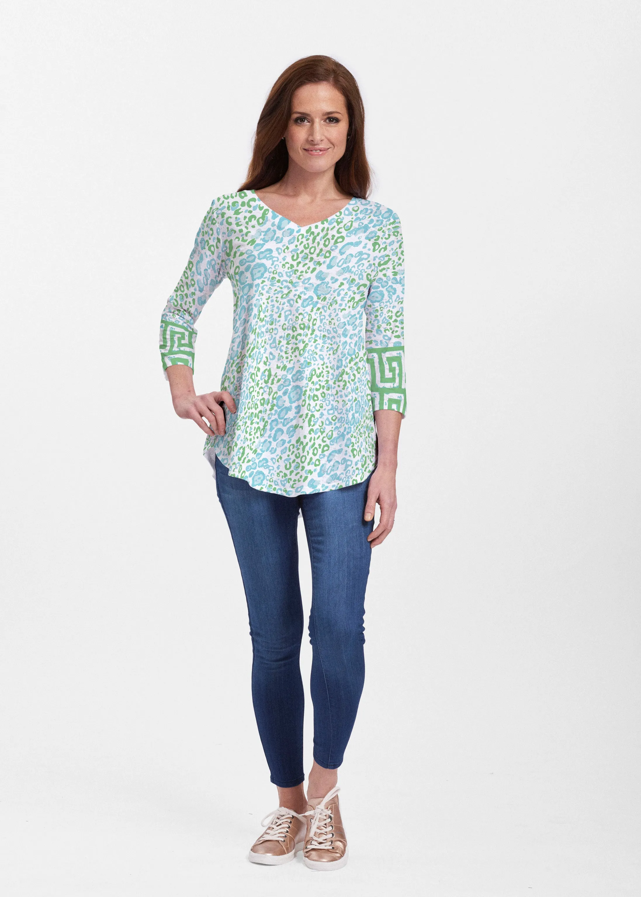 Greek Cat Green (7913) ~ V-neck Flowy Tunic
